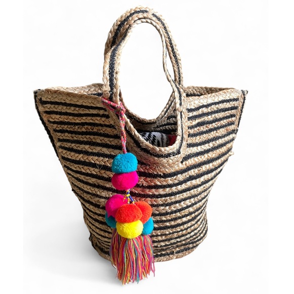 (SOLD) Oversized Beach Bag Stripe Woven Straw Tote Bag Summer Black Tan Jute - Picture 1 of 8